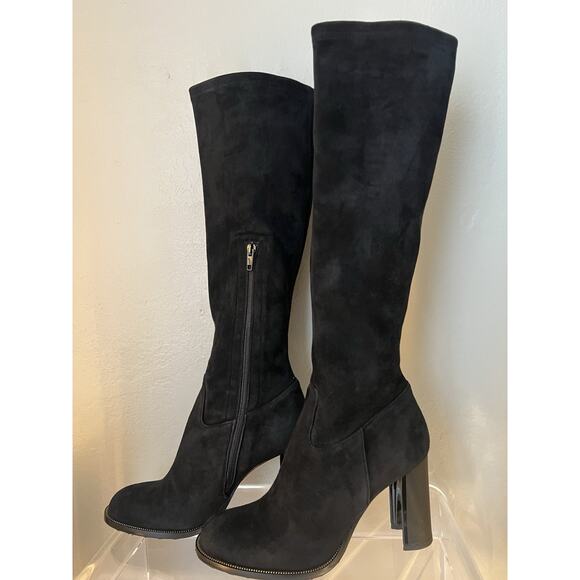 NWOB Authentic Women's ETRE Stretch Suede High Boots Black Zip - Picture 1 of 11